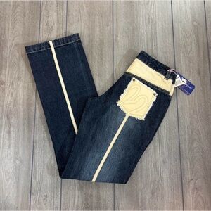 vintage babe-score dark wash jeans w faux yellow leather